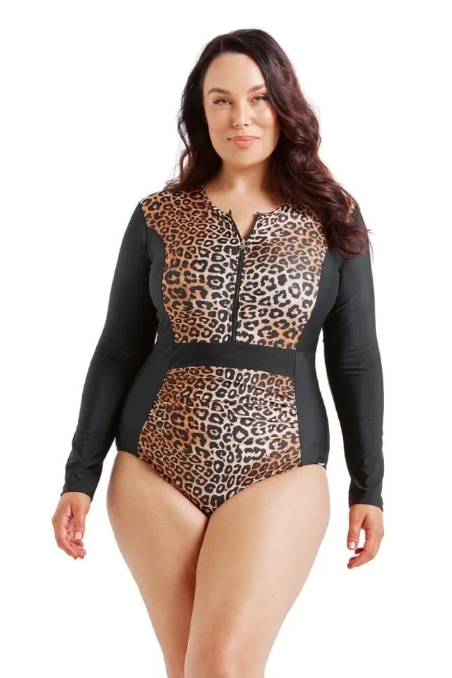Leopard Zip Up Long Sleeve One Piece | Sustainable Swimwear