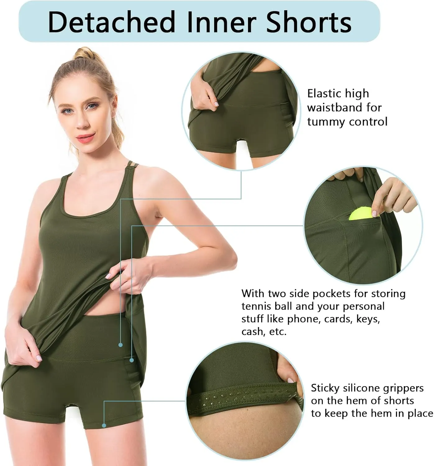Lightbare Womens Tennis Dress with Built-in Bra & Detachable Shorts Adjustable Straps UPF 50  Quick Dry