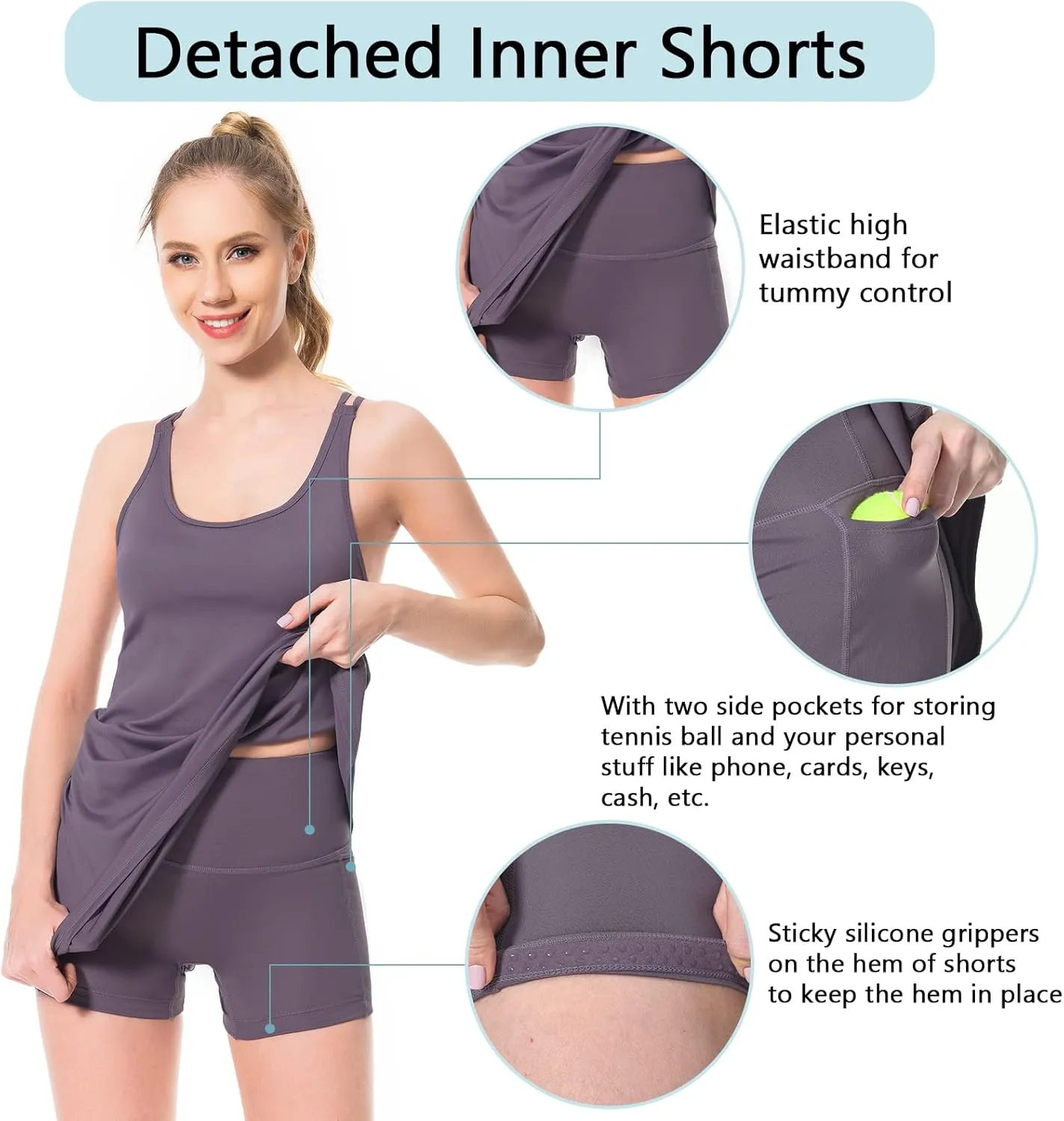 Lightbare Womens Tennis Dress with Built-in Bra & Detachable Shorts Adjustable Straps UPF 50  Quick Dry
