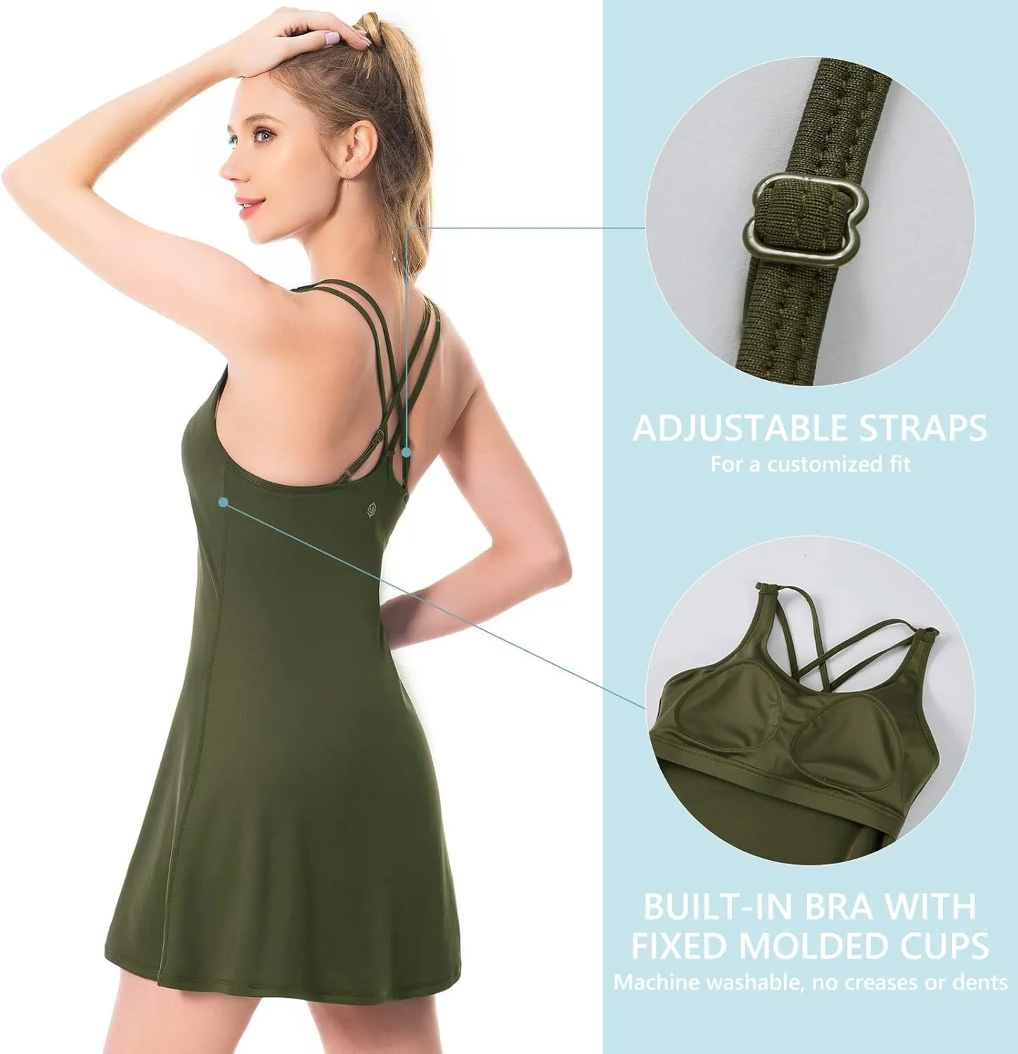 Lightbare Womens Tennis Dress with Built-in Bra & Detachable Shorts Adjustable Straps UPF 50  Quick Dry