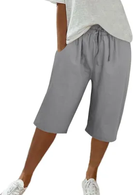 Linen Pants for Women Knee Length Bermuda Shorts Drawstring Elastic Waist Summer Casual Gym Shorts with Pockets 2025