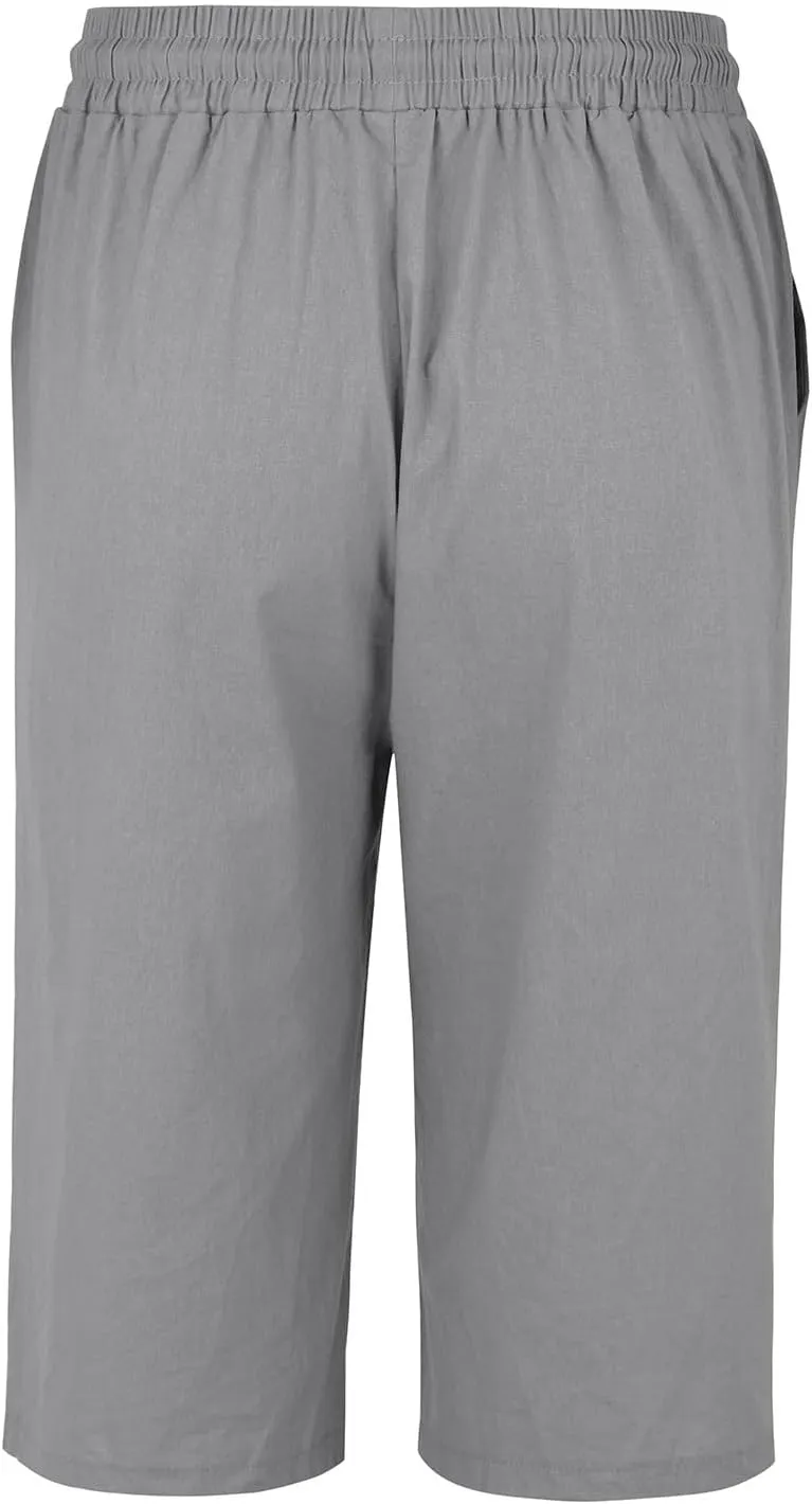 Linen Pants for Women Knee Length Bermuda Shorts Drawstring Elastic Waist Summer Casual Gym Shorts with Pockets 2025