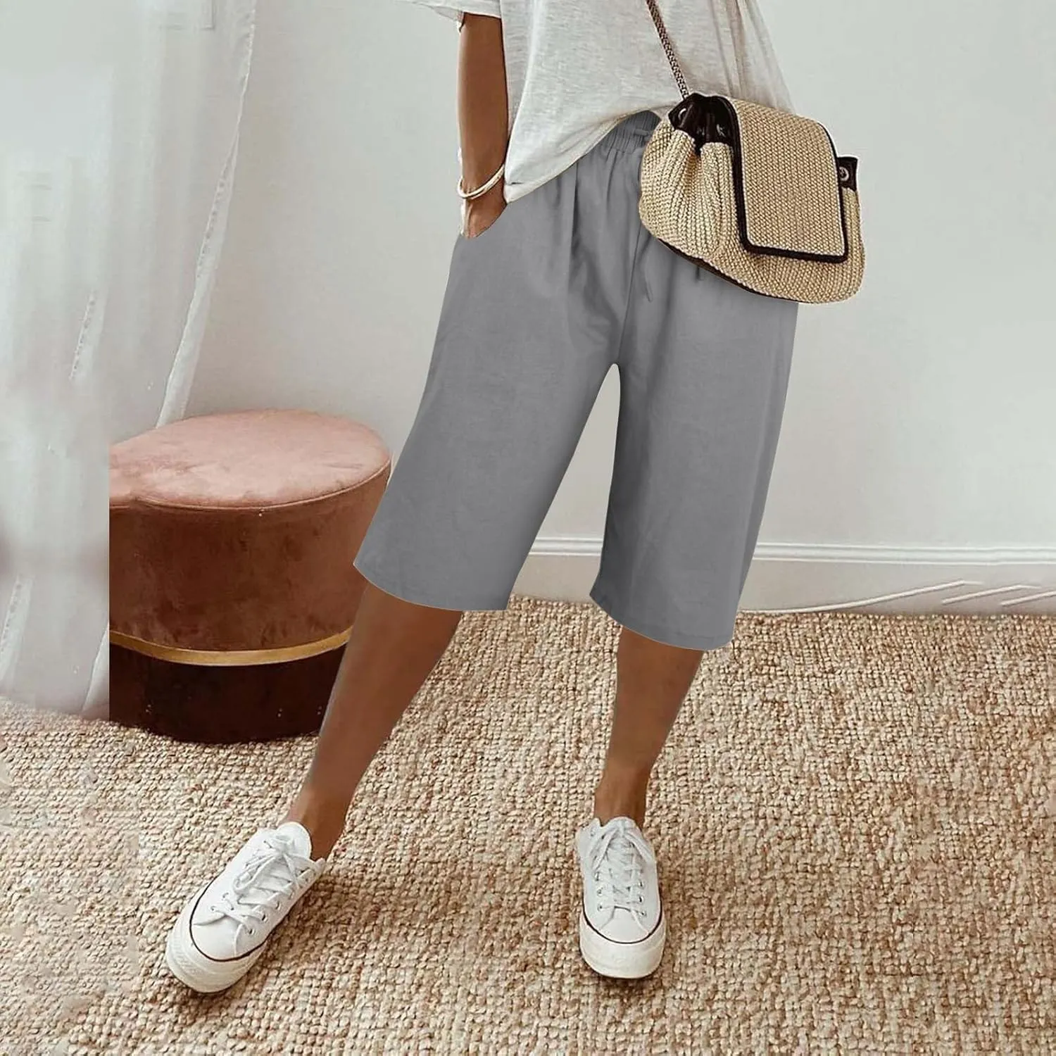 Linen Pants for Women Knee Length Bermuda Shorts Drawstring Elastic Waist Summer Casual Gym Shorts with Pockets 2025