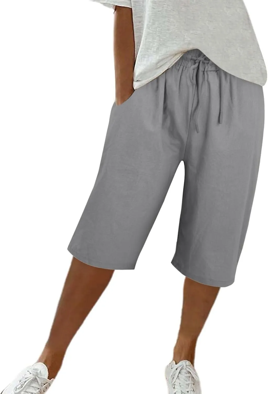 Linen Pants for Women Knee Length Bermuda Shorts Drawstring Elastic Waist Summer Casual Gym Shorts with Pockets 2025