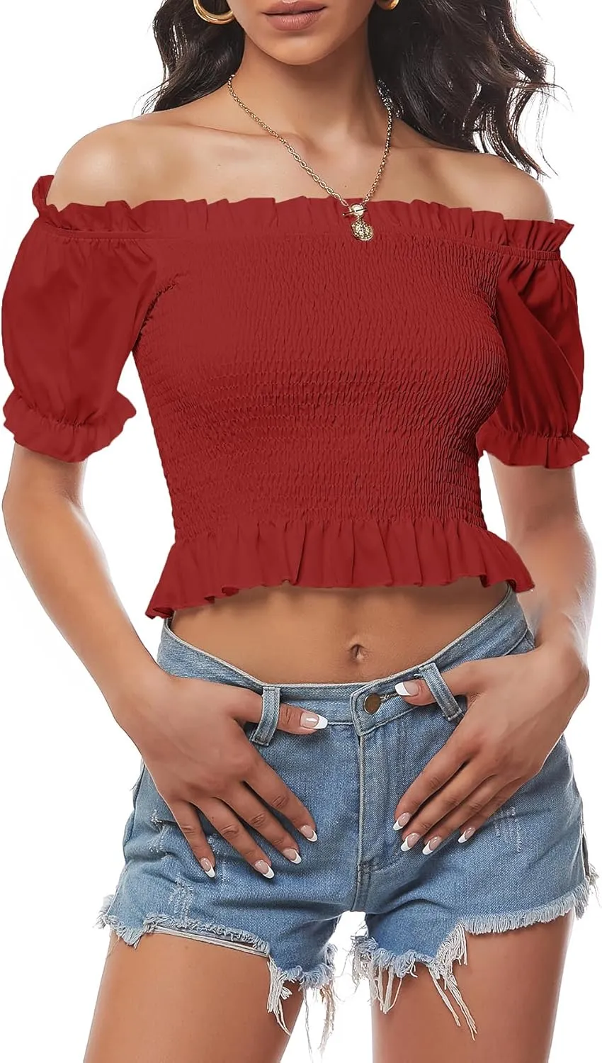 LYANER Women's Off Shoulder Shirred Short Sleeve Crop Blouse Tee Top