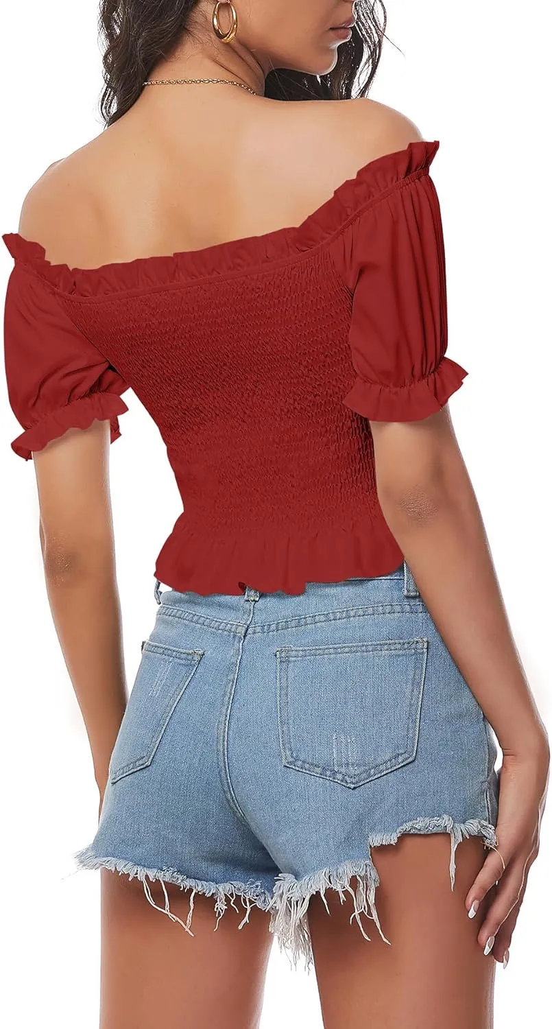 LYANER Women's Off Shoulder Shirred Short Sleeve Crop Blouse Tee Top