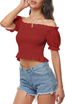 LYANER Women's Off Shoulder Shirred Short Sleeve Crop Blouse Tee Top