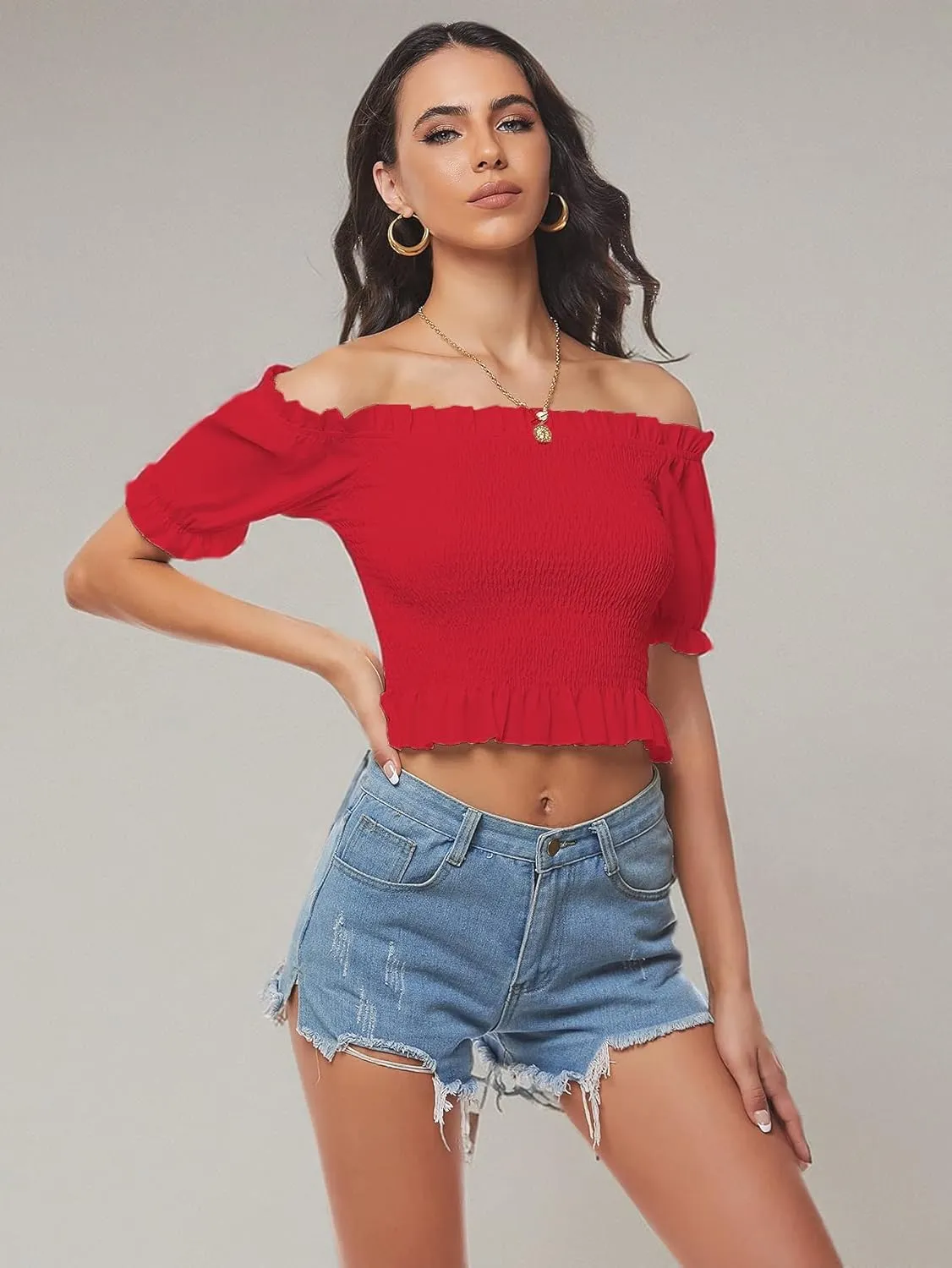 LYANER Women's Off Shoulder Shirred Short Sleeve Crop Blouse Tee Top