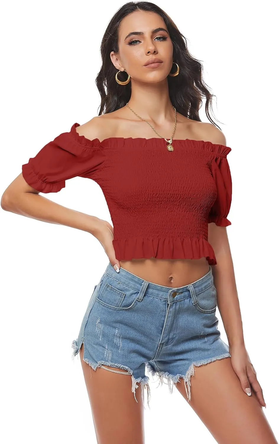 LYANER Women's Off Shoulder Shirred Short Sleeve Crop Blouse Tee Top