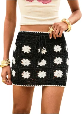 MakeMeChic Women's Crochet Skirts Tie Front Summer Beach Cover Up Floral Mini Skirt