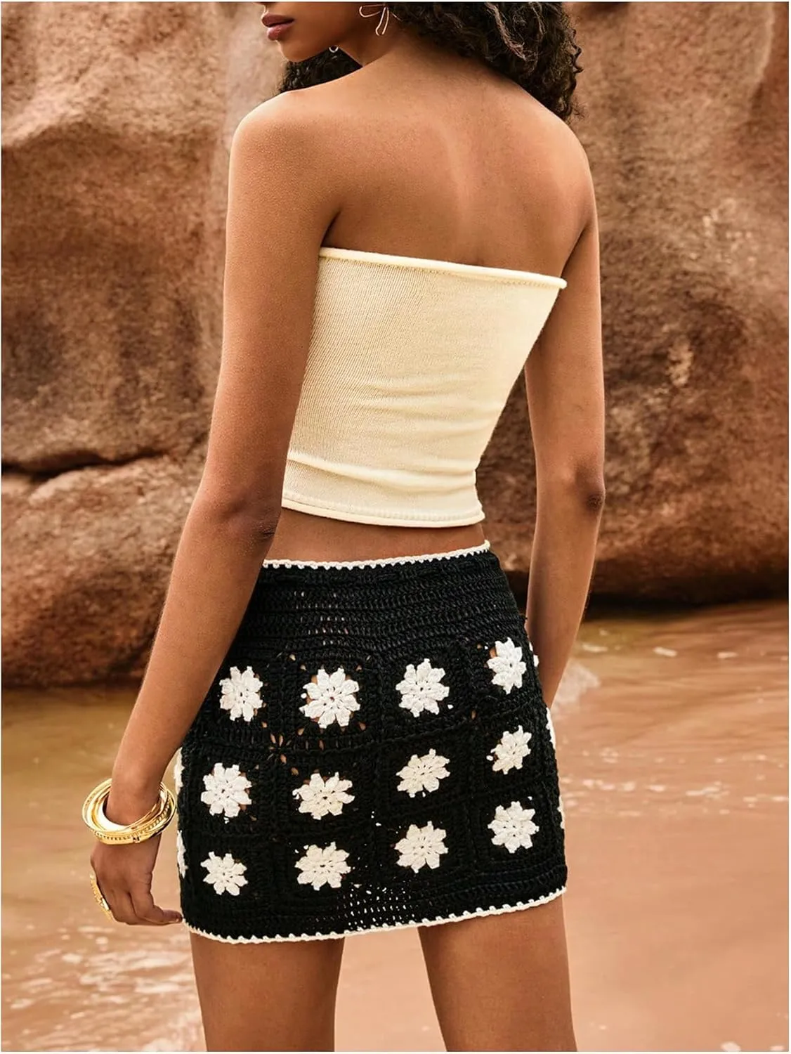 MakeMeChic Women's Crochet Skirts Tie Front Summer Beach Cover Up Floral Mini Skirt