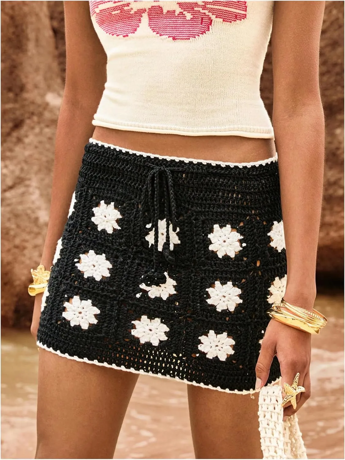 MakeMeChic Women's Crochet Skirts Tie Front Summer Beach Cover Up Floral Mini Skirt