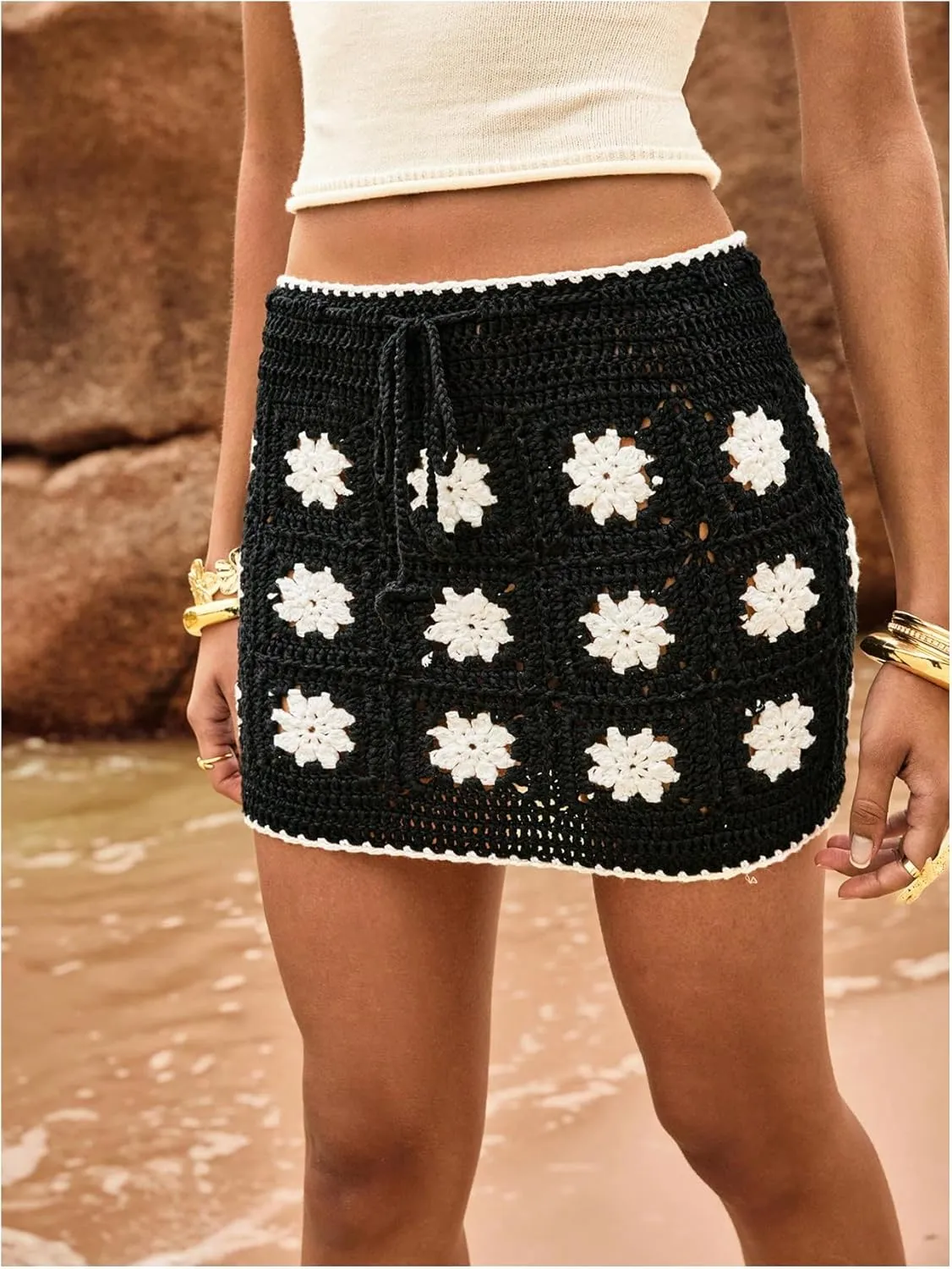 MakeMeChic Women's Crochet Skirts Tie Front Summer Beach Cover Up Floral Mini Skirt