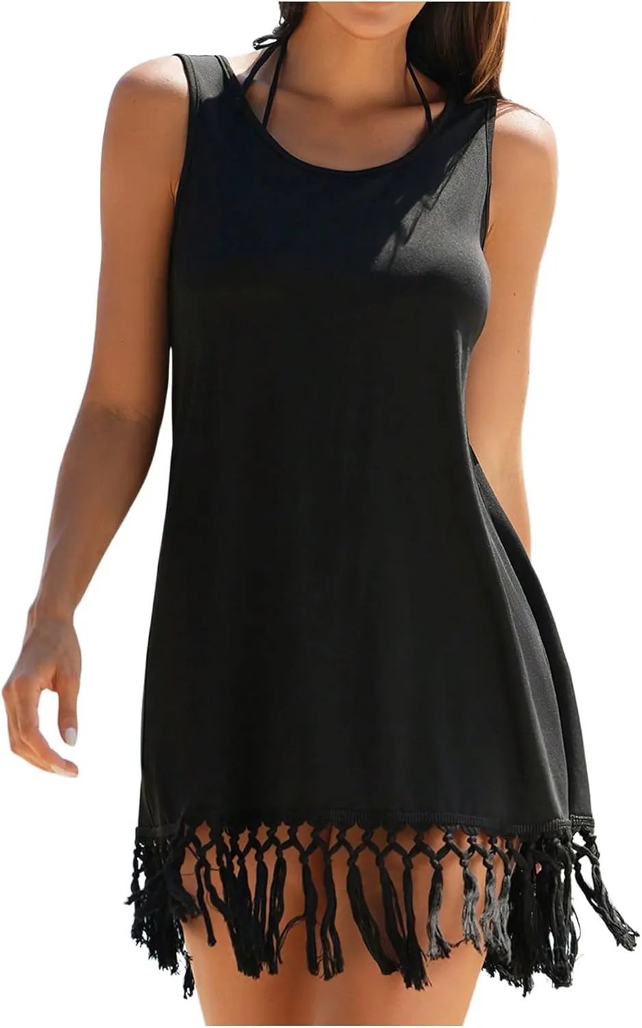 MakeMeChic Women's Fringe Hem Bikini Cover Up Sleeveless A Line Summer Short Beach Dress