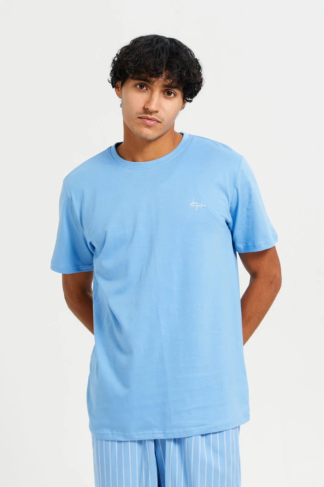 Men Blue Striped Pyjama Set (2 Piece)