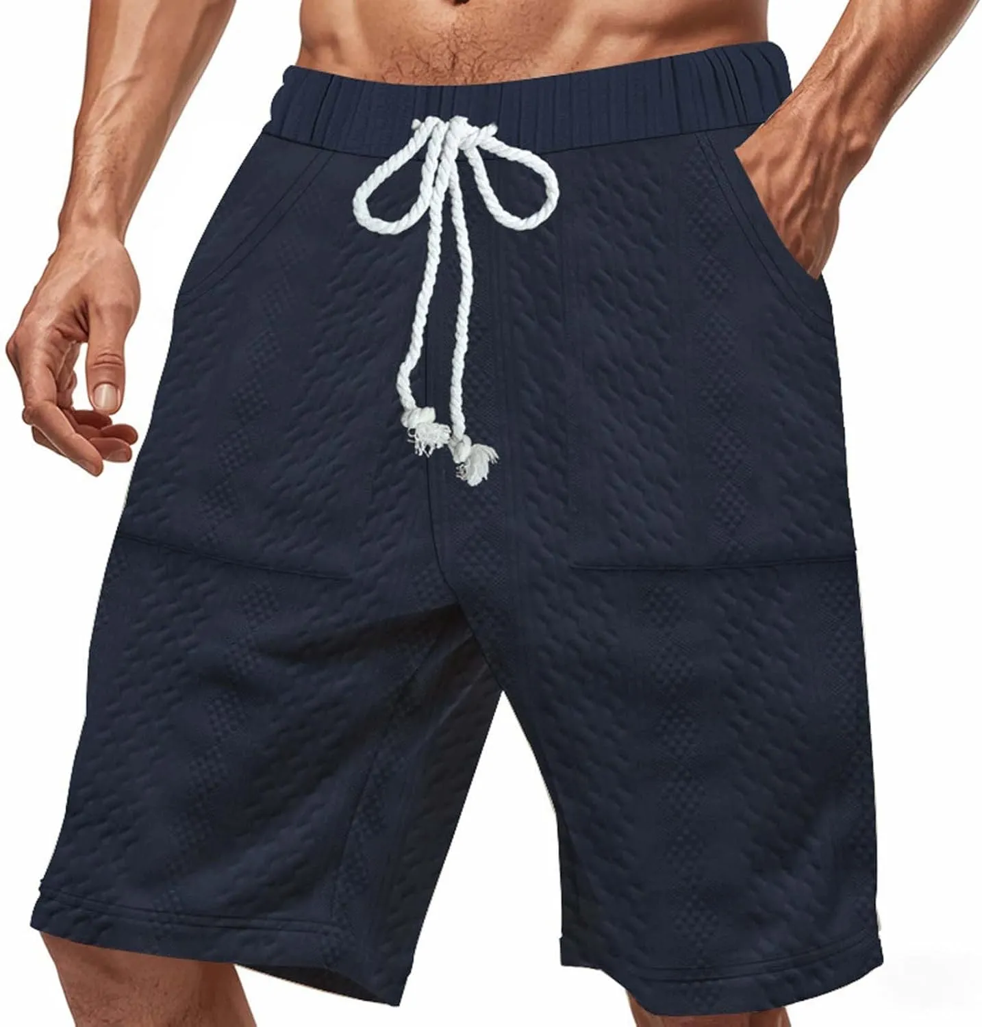 Men's Jacquard Print Bermuda Shorts, Solid Casual Summer Sports Clothes Loose Comfy Wide Leg Short Pants with Pockets