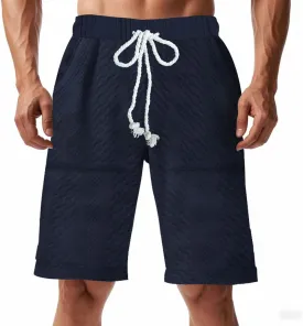 Men's Jacquard Print Bermuda Shorts, Solid Casual Summer Sports Clothes Loose Comfy Wide Leg Short Pants with Pockets