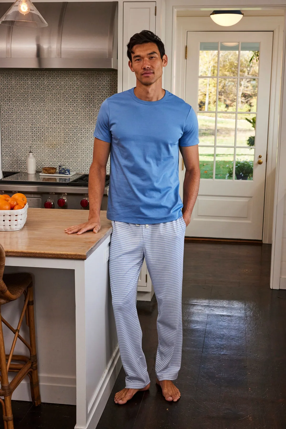 Men's Pima Sleep Short-Long Set in Mystic Blue Multi Bar Stripe