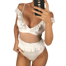 Mesh Ruffled Sleeve High Waist Monokini