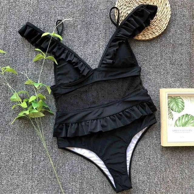 Mesh Ruffled Sleeve High Waist Monokini