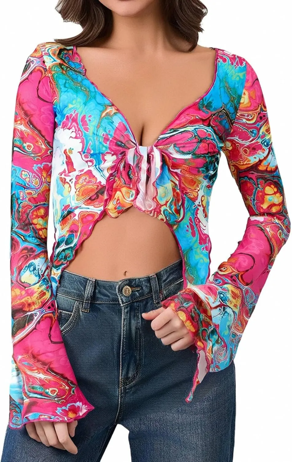 Milumia Women's Graphic Print Tie Knot Crop Top V Neck Mesh Tops Beach Swimsuit Coverup