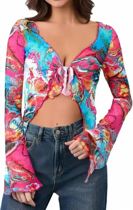 Milumia Women's Graphic Print Tie Knot Crop Top V Neck Mesh Tops Beach Swimsuit Coverup