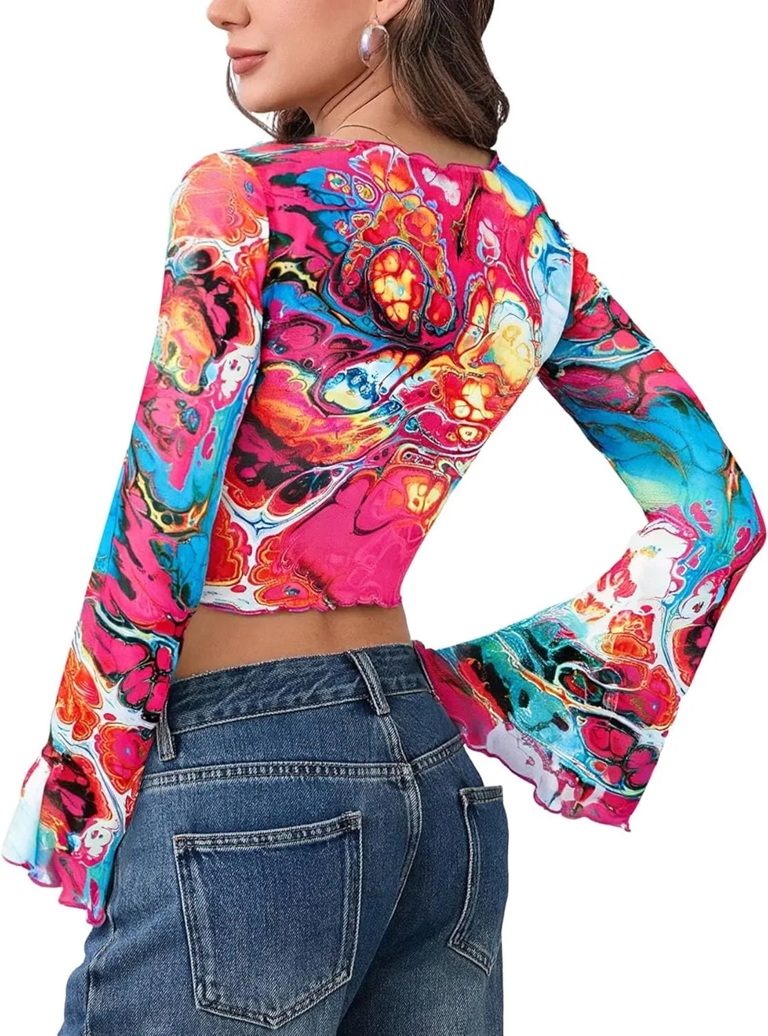 Milumia Women's Graphic Print Tie Knot Crop Top V Neck Mesh Tops Beach Swimsuit Coverup