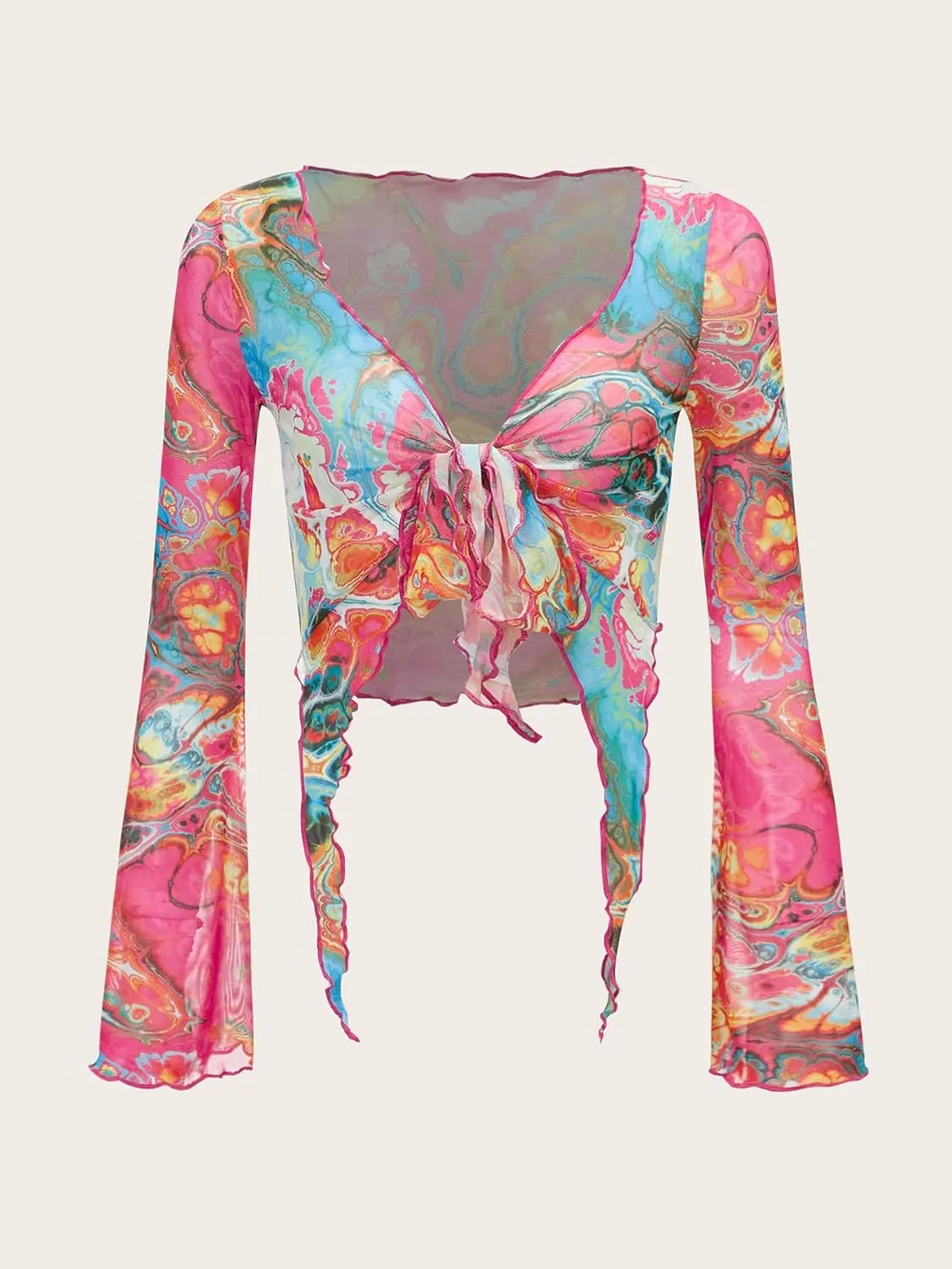 Milumia Women's Graphic Print Tie Knot Crop Top V Neck Mesh Tops Beach Swimsuit Coverup