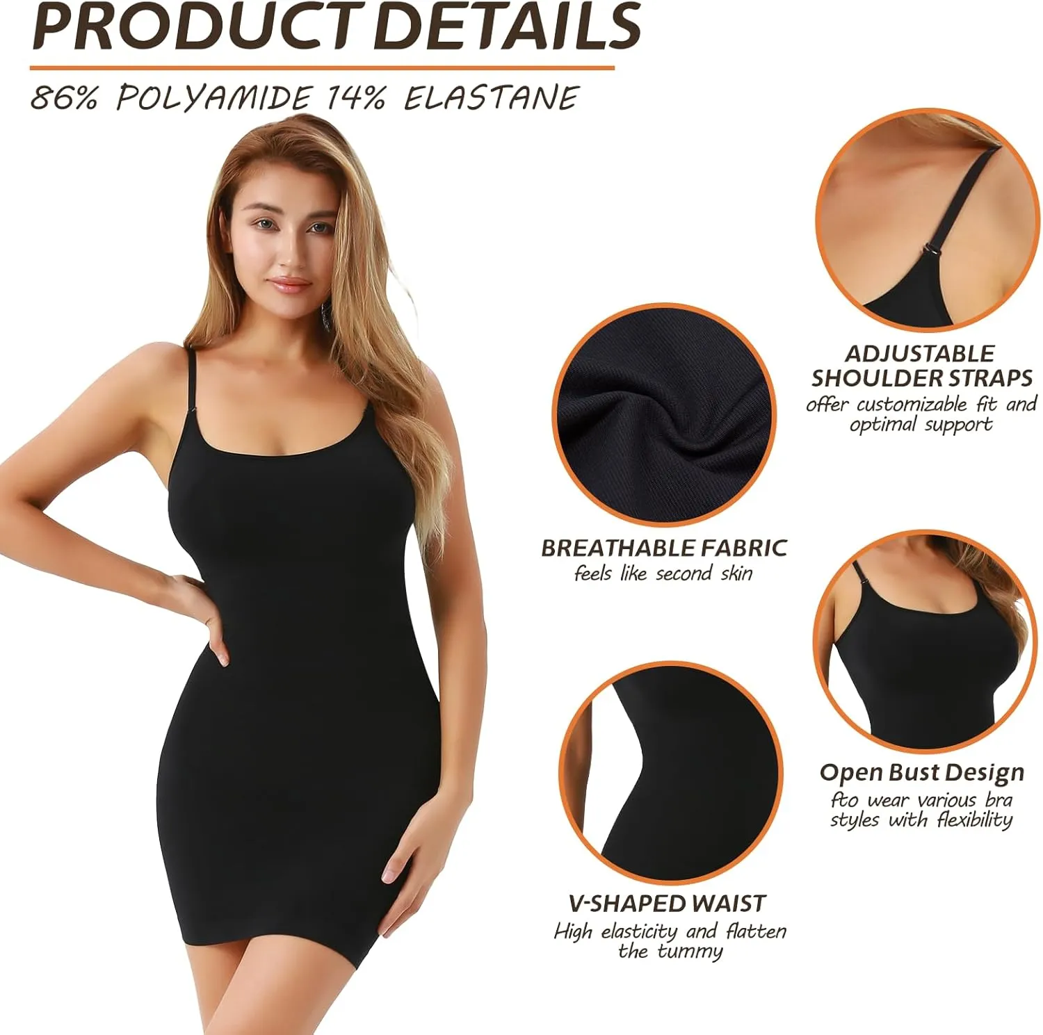 MUEE Body Shaper For Women Under Dress Control Slips One Piece Full Slip Tummy Control Shapewear Dress With Adjustable Strap