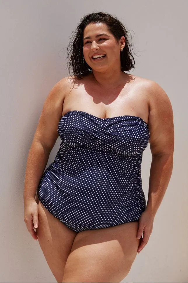 Navy & White Dots Twist Front Bandeau One Piece