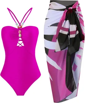 One Piece Swimsuit with Cover Up Set Tummy Control Floral Print Bikini Set Two Piece Beachwear Bathing Suit