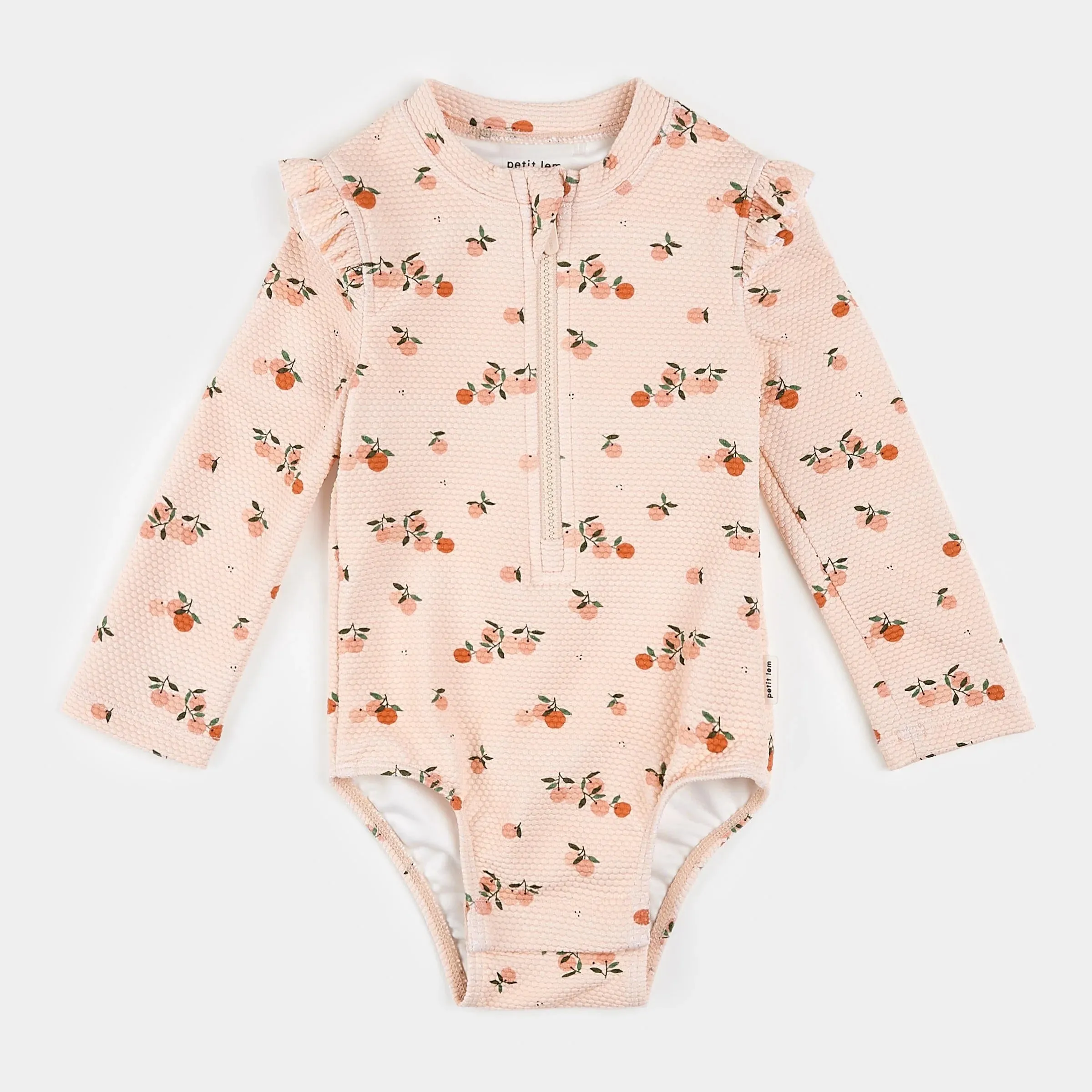 Petit Lem Oranges Print on Crème Tan Long-Sleeve Swimsuit