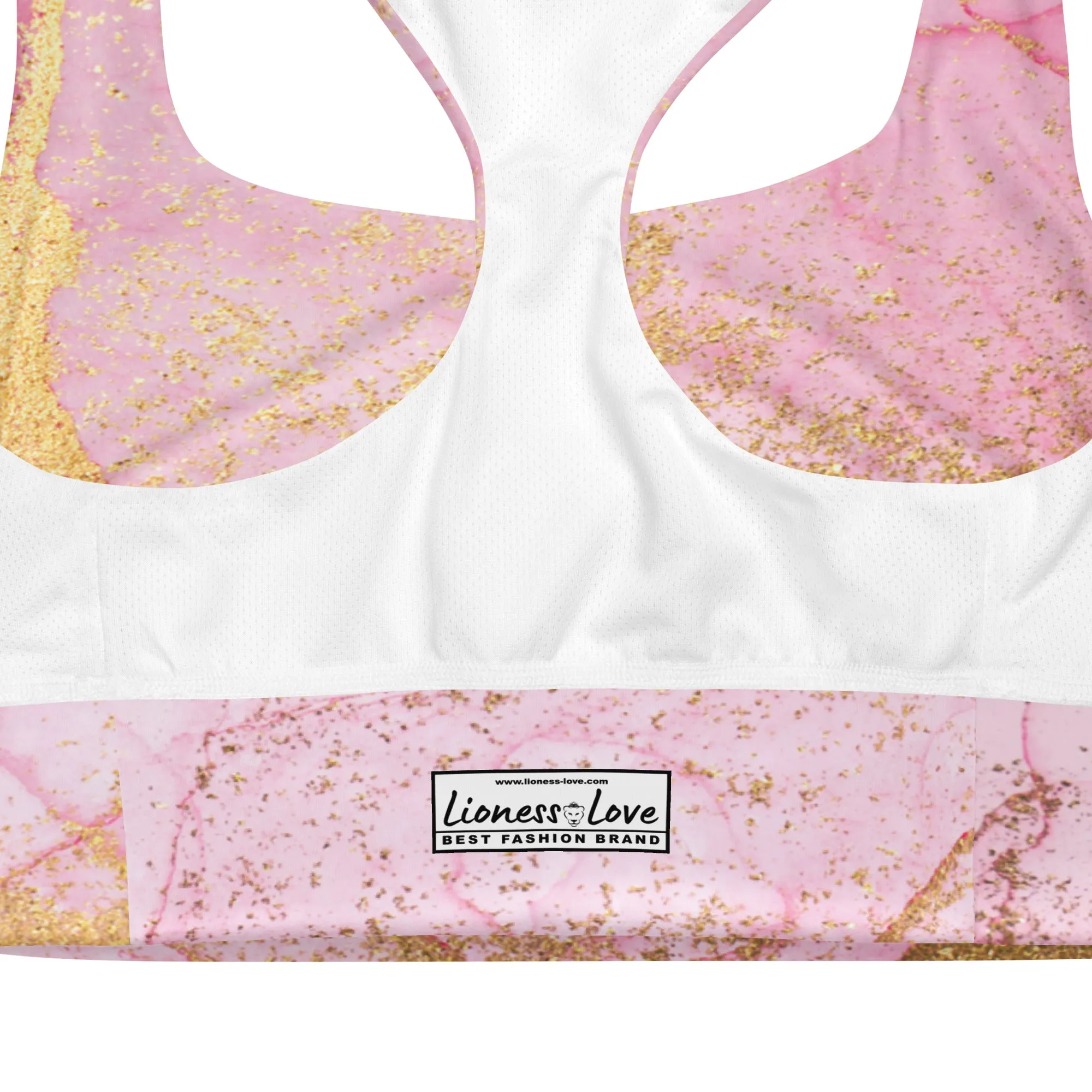 Pink and Gold Marble Sports Bra, Exercise Bra, lioness-love
