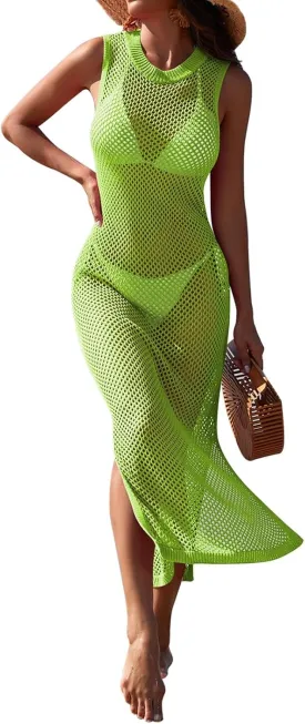 Pink Queen Women Swimsuit Cover Up Hollow Out Sleeveless Beach Maxi Dress Side Split Knit Bathing Suit Cover Up for Women
