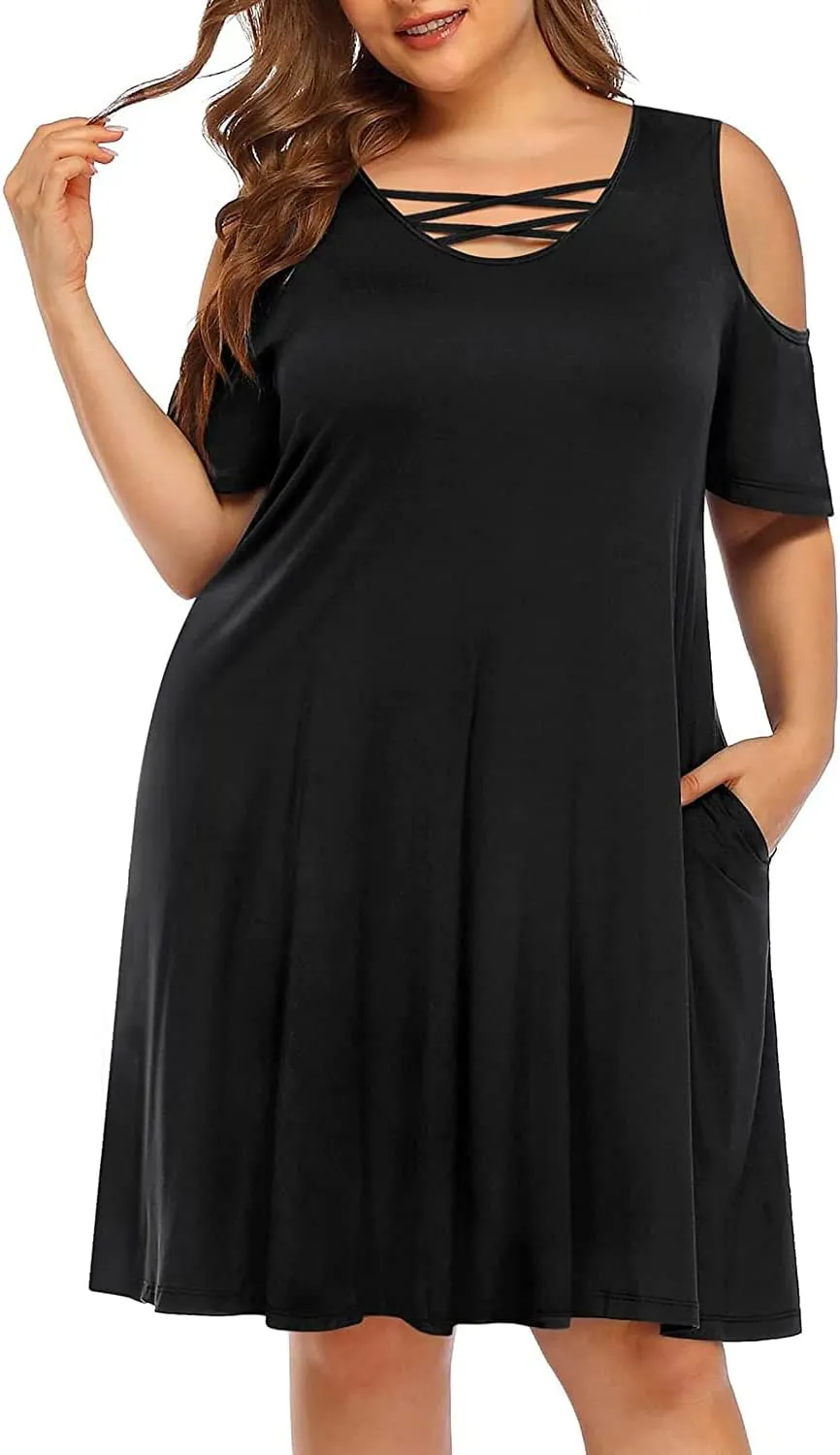 Pinup Fashion Women's Plus Size Sun Dress Cold Shoulder Casual T-Shirt Knee Length Sundresses with Pockets