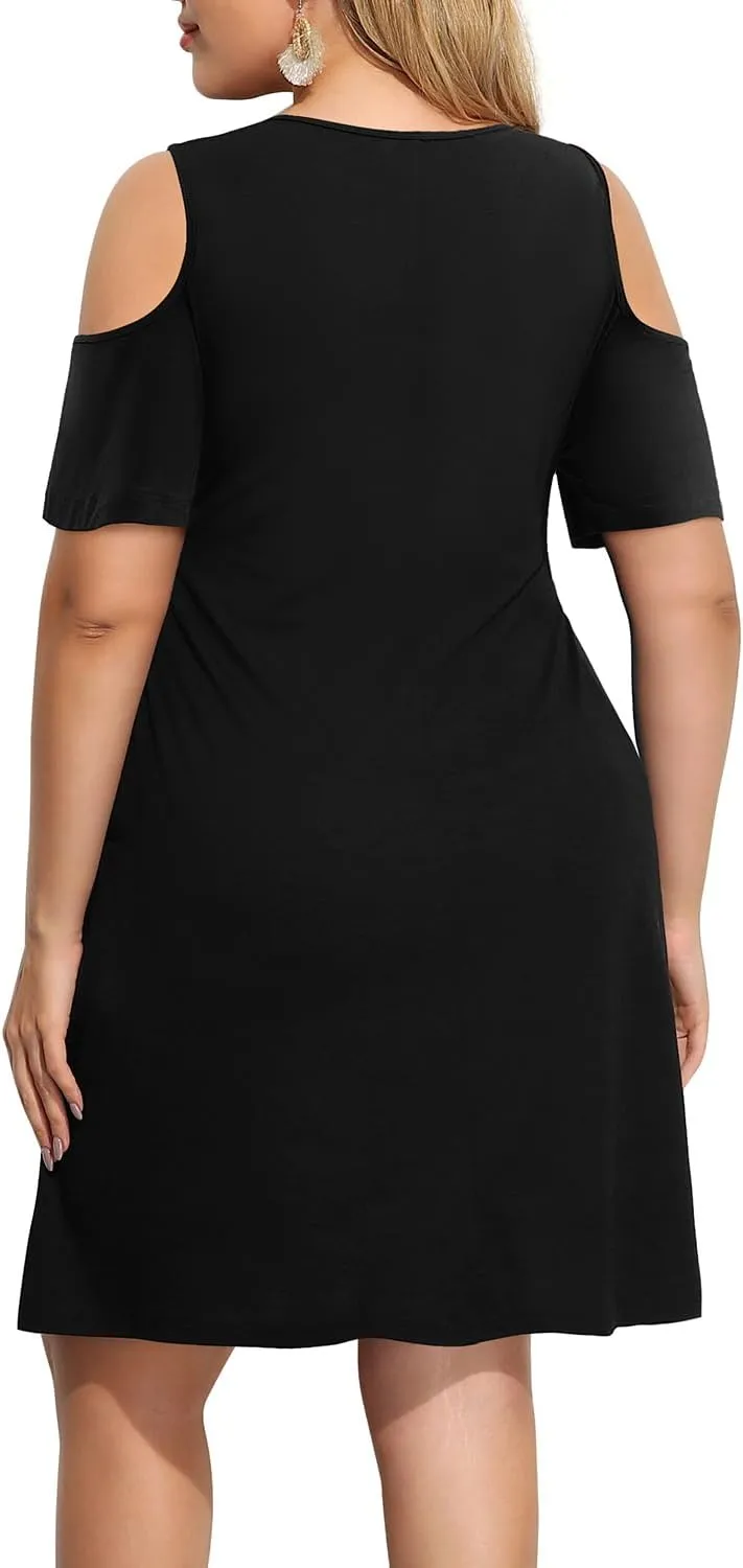 Pinup Fashion Women's Plus Size Sun Dress Cold Shoulder Casual T-Shirt Knee Length Sundresses with Pockets