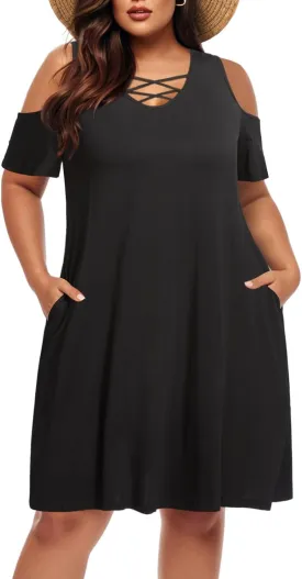 Pinup Fashion Women's Plus Size Sun Dress Cold Shoulder Casual T-Shirt Knee Length Sundresses with Pockets