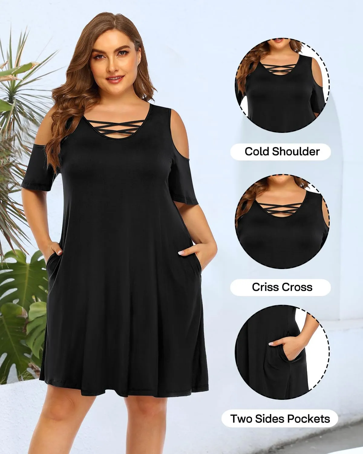 Pinup Fashion Women's Plus Size Sun Dress Cold Shoulder Casual T-Shirt Knee Length Sundresses with Pockets