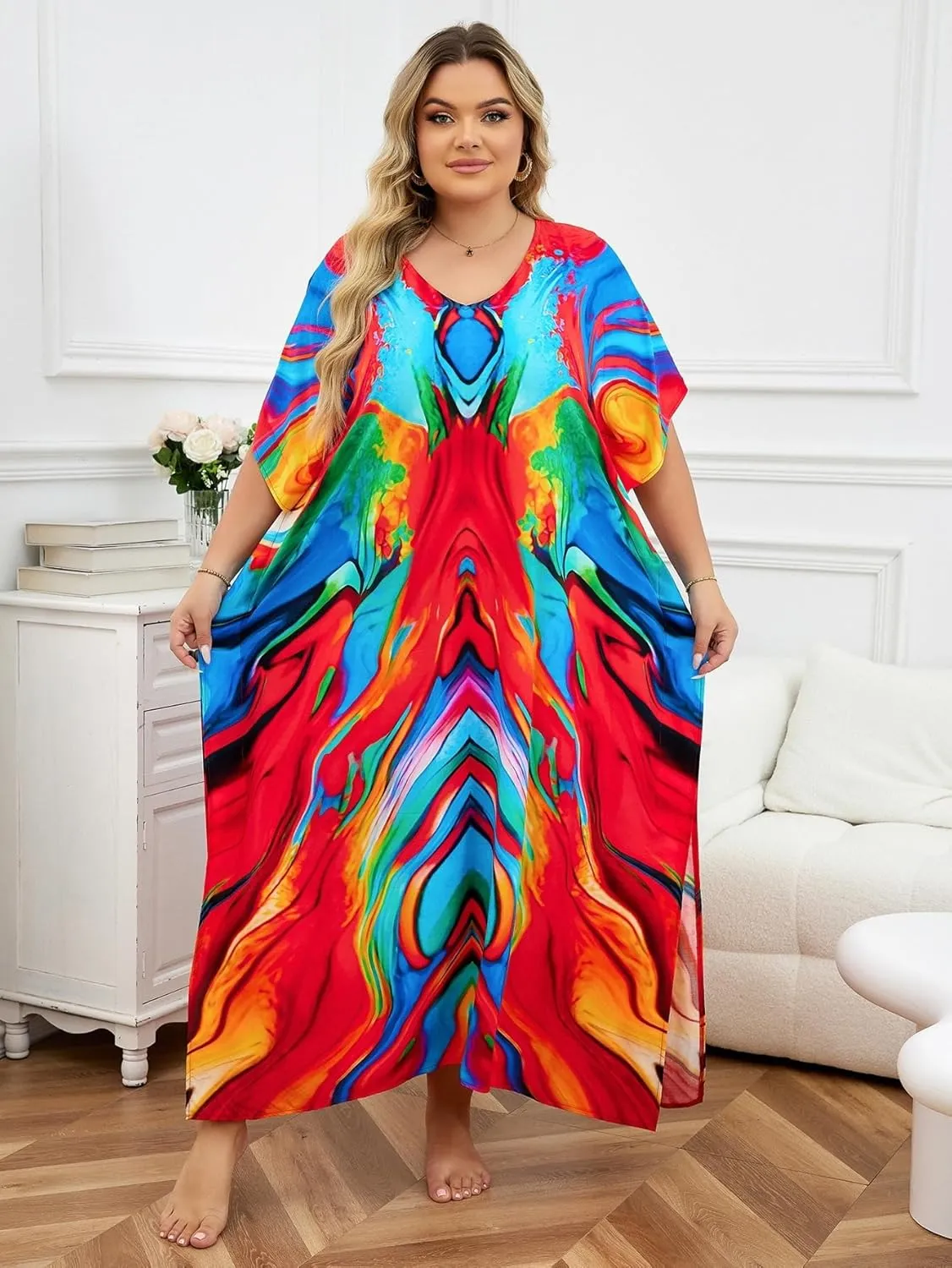 Plus Size Beach Kaftan Dresses for Women Print V-Neck Long Swimsuit Cover Ups