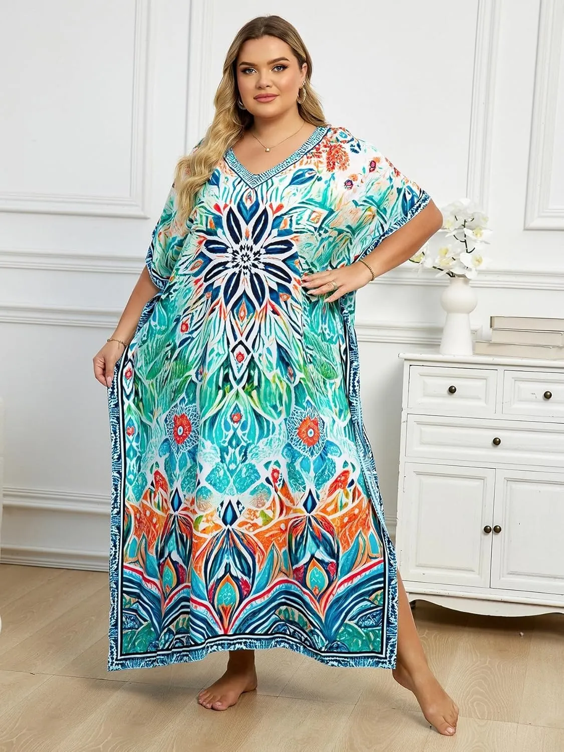 Plus Size Beach Kaftan Dresses for Women Print V-Neck Long Swimsuit Cover Ups