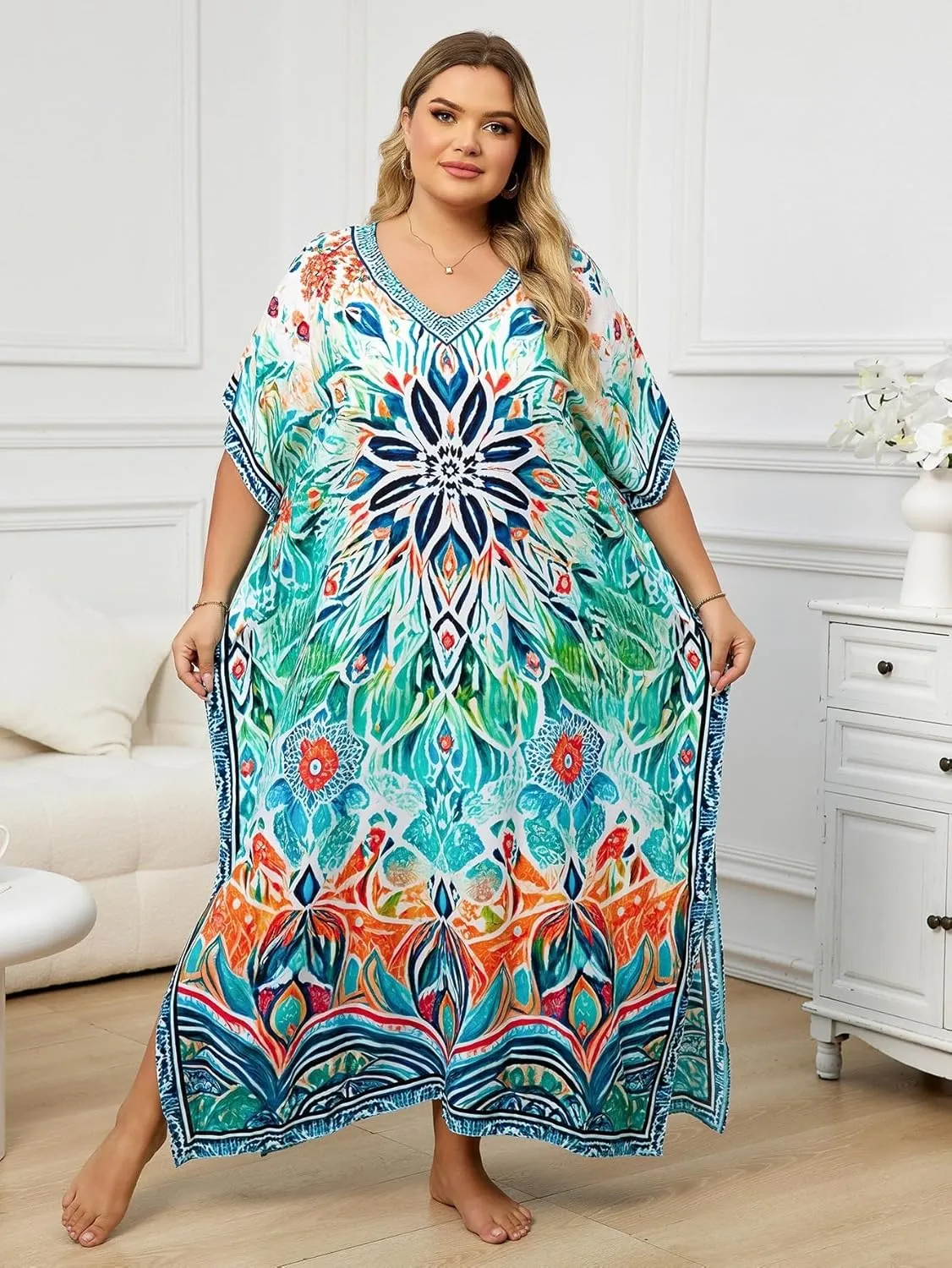 Plus Size Beach Kaftan Dresses for Women Print V-Neck Long Swimsuit Cover Ups