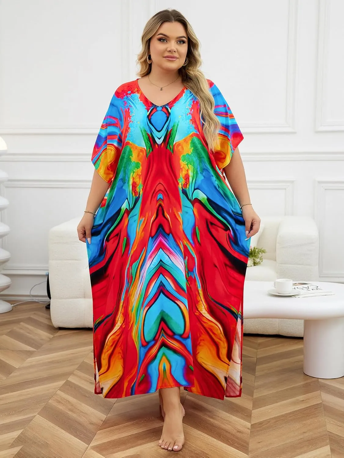 Plus Size Beach Kaftan Dresses for Women Print V-Neck Long Swimsuit Cover Ups
