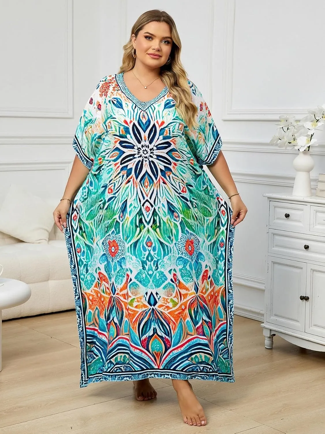 Plus Size Beach Kaftan Dresses for Women Print V-Neck Long Swimsuit Cover Ups