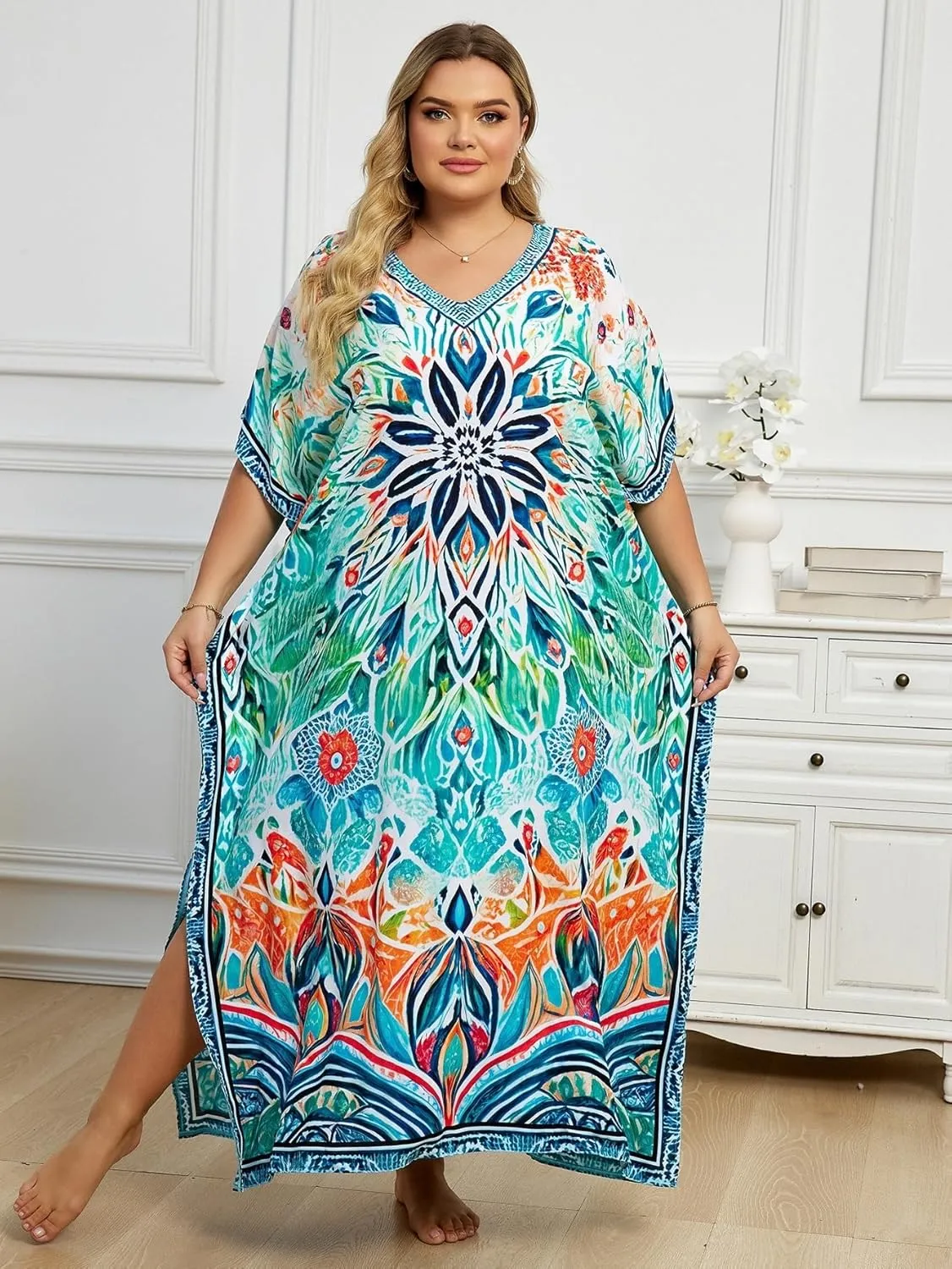 Plus Size Beach Kaftan Dresses for Women Print V-Neck Long Swimsuit Cover Ups