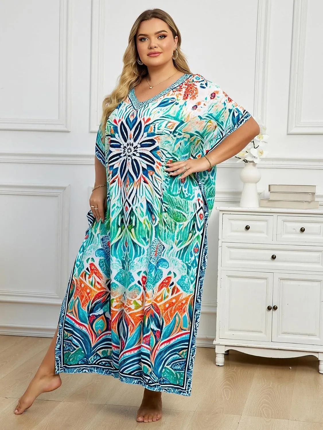 Plus Size Beach Kaftan Dresses for Women Print V-Neck Long Swimsuit Cover Ups