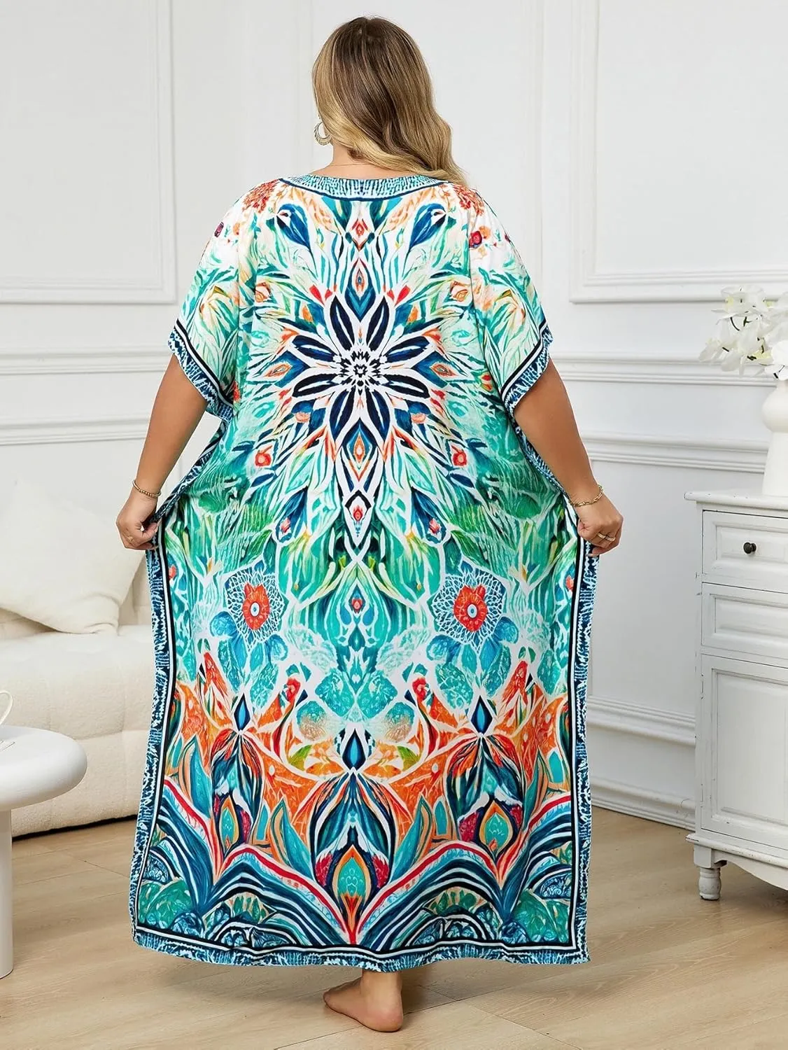 Plus Size Beach Kaftan Dresses for Women Print V-Neck Long Swimsuit Cover Ups
