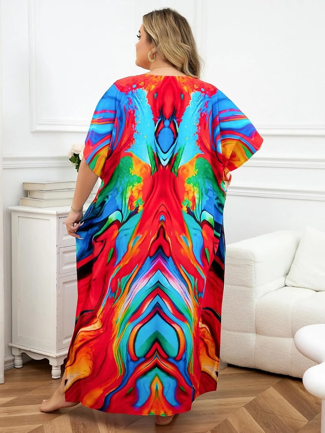 Plus Size Beach Kaftan Dresses for Women Print V-Neck Long Swimsuit Cover Ups