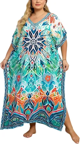 Plus Size Beach Kaftan Dresses for Women Print V-Neck Long Swimsuit Cover Ups