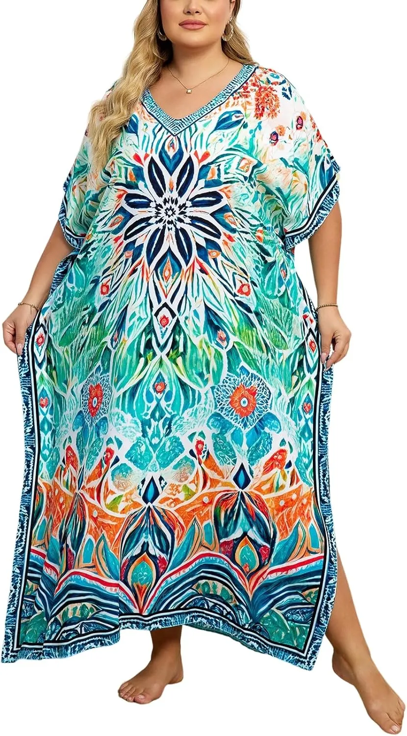 Plus Size Beach Kaftan Dresses for Women Print V-Neck Long Swimsuit Cover Ups