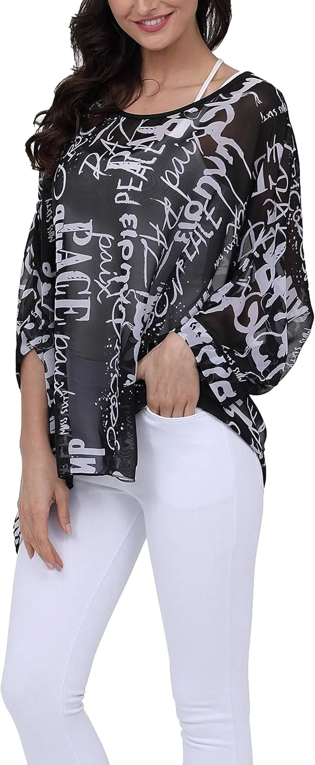 Plus Size Floral Chiffon Batwing Sleeve Tunic Blouse Boho Off-Shoulder Beach Cover Up Loose Summer Tops for Women